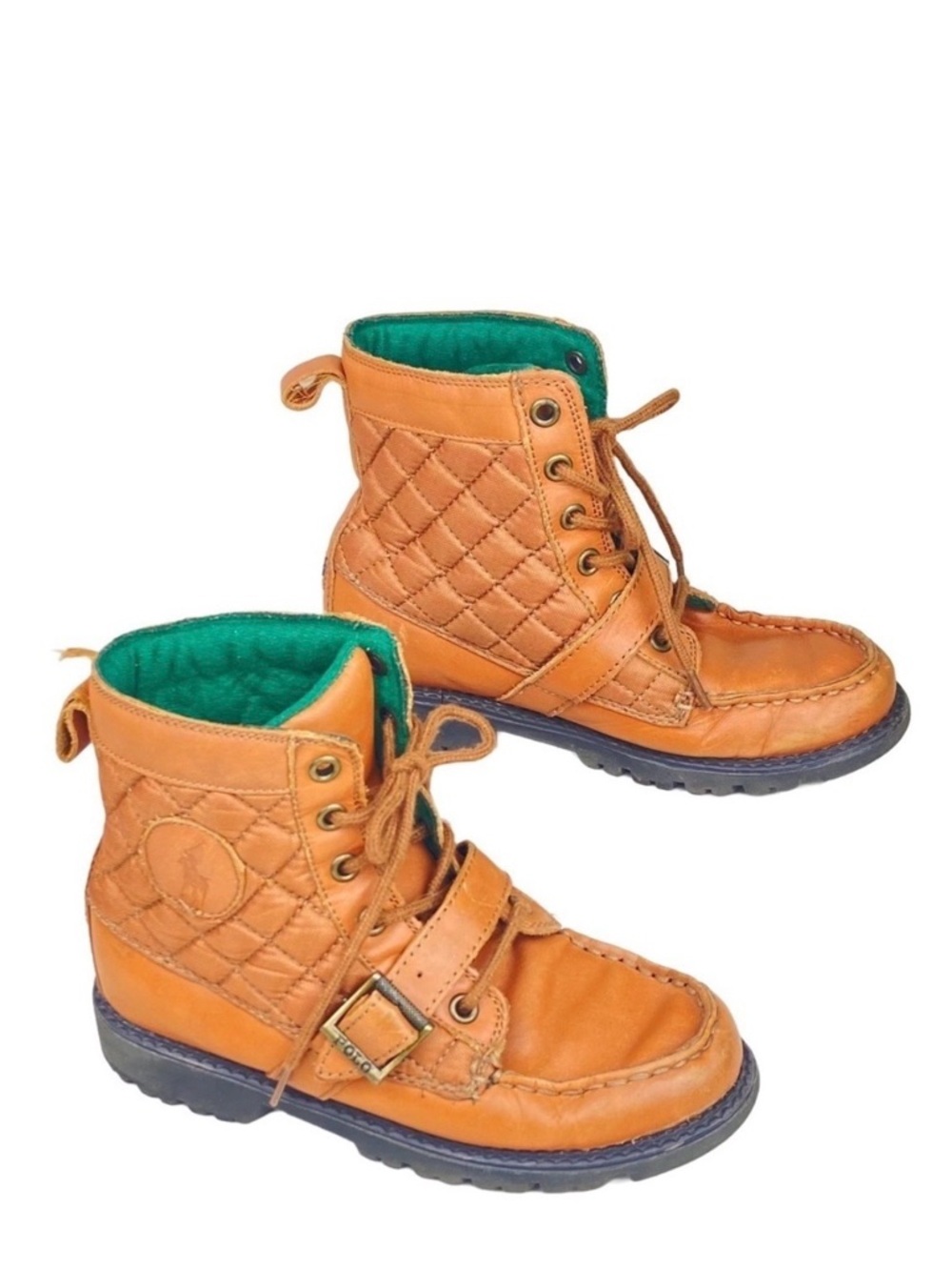 POLO RALPH LAUREN Boys Leather Lace Up Ankle Boots Sz 2 Ranger Hi II Tan Quilted
